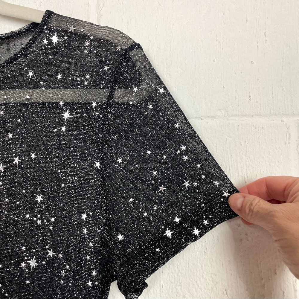 Mangopop Tee Sheer Black Fitted Metallic Stars Whimsigoth Dark Fairy Ethereal XL - Picture 3 of 12